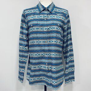 Roper Women's L Blue Pearl Snap Shirt Aztec Southwestern Print Cowgirl Western